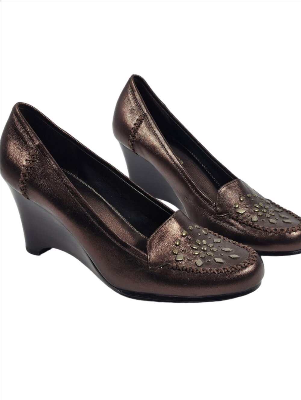 Liz Claiborne Flex Woodbridge Bronze Leather Studded Slip-on Wedge Moccasin